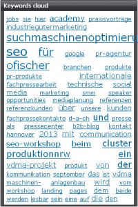 Sreenshot Suchcloud SEOquake-Analyse density von Startseite dieses Vortrages: Suchmaschinenoptimierung (SEO) für Googleversteher! Gut zu erkennen, die keywords: b2b, Suchmaschinenoptimierung, SEO und Industriegüter.